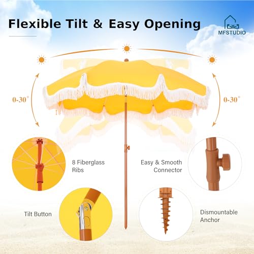 7ft Beach Umbrella with Fringe, UPF50+, Carry Bag V462