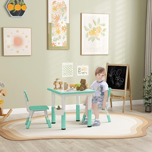 3 Pieces Height Adjustable Kids Table and Chair Set with Storage Green J700357