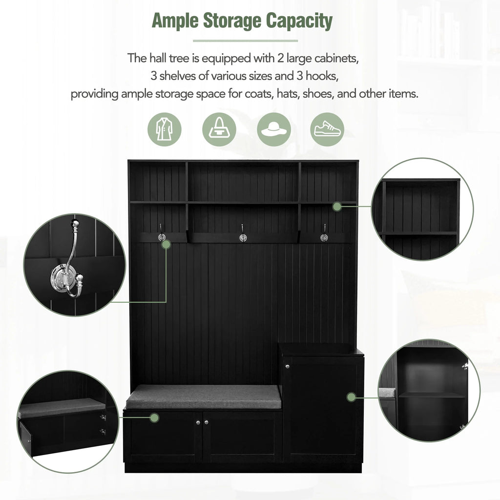 Black 4-in-1 Hall Tree with Bench and Shoe Storage L9949