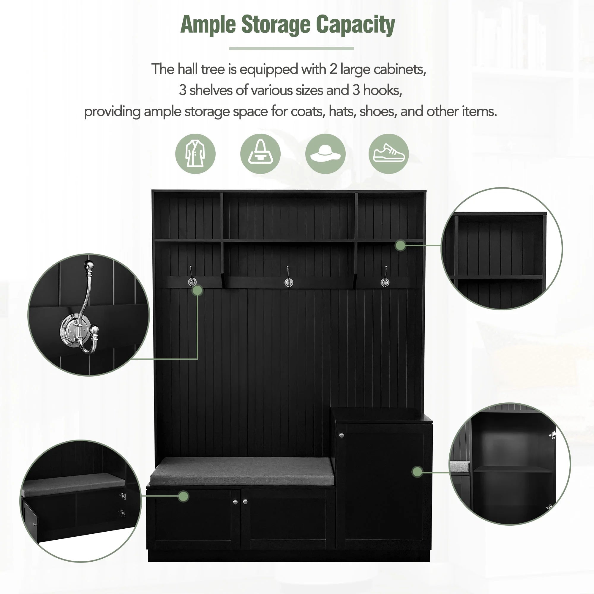 Black 4-in-1 Hall Tree with Bench and Shoe Storage L9949