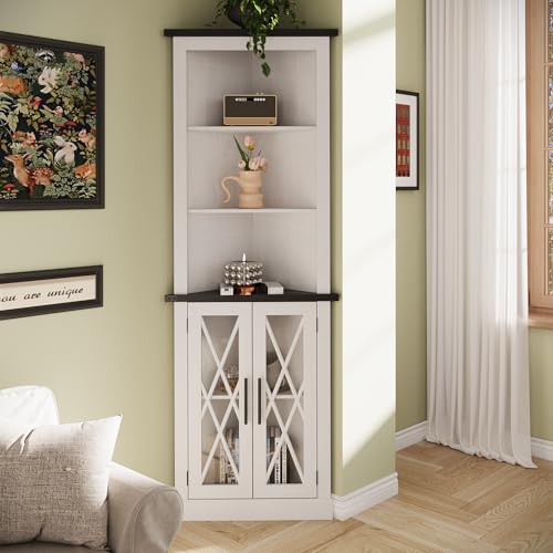 66.8" Tall Corner Cabinet with 2 Glass Doors, Adjustable Shelves, White Y47864