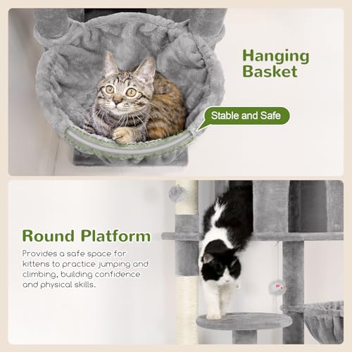 82-inch XXL Tall Cat Tree with Scratching Post, 3 Perches, 2 Condos, 2 Hanging Baskets, Light Grey O3725