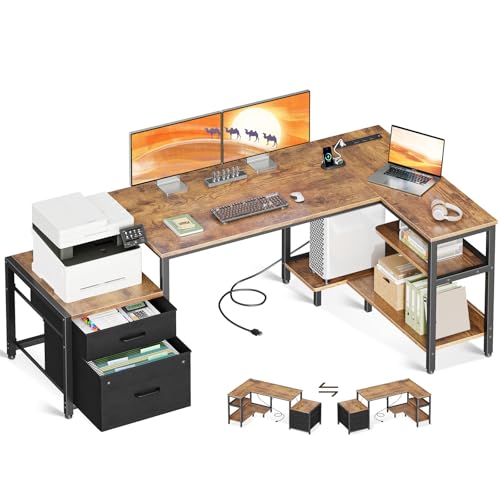 Rustic Brown L Shaped Desk with Drawers & File Cabinet R592
