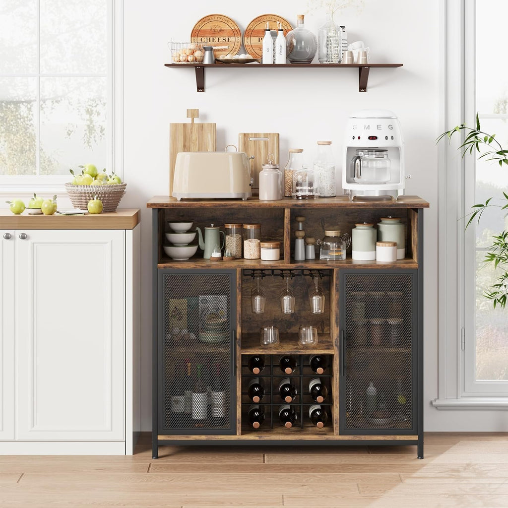 Rustic Brown Coffee Bar Cabinet with Mesh Doors and Adjustable Shelves B535