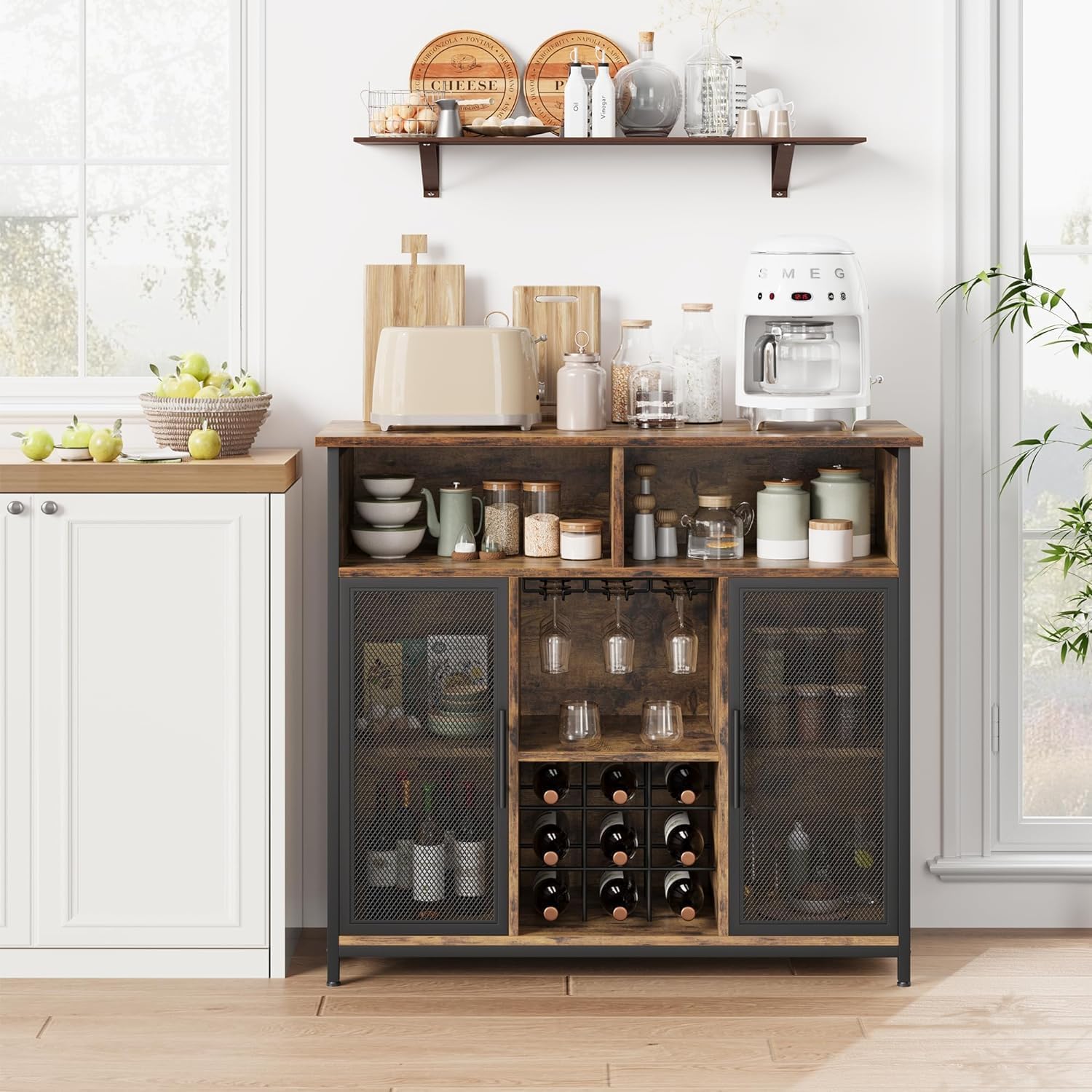 Rustic Brown Coffee Bar Cabinet with Mesh Doors and Adjustable Shelves B535