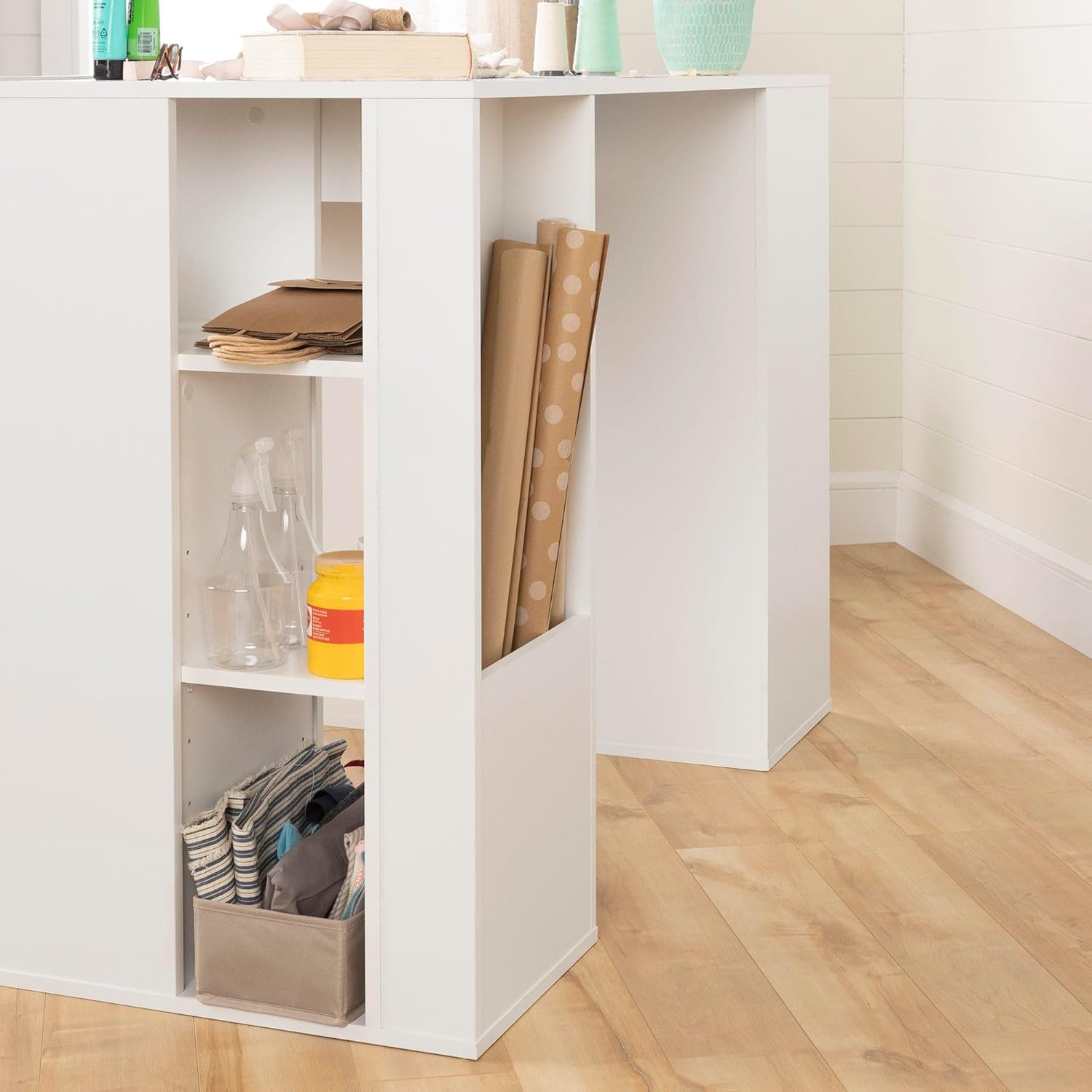 Pure White Counter-Height Craft Table with 4 Baskets S1517