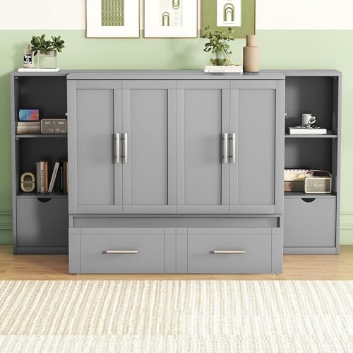 Queen Size Murphy Bed with Storage 2 Drawers and Shelves H65523