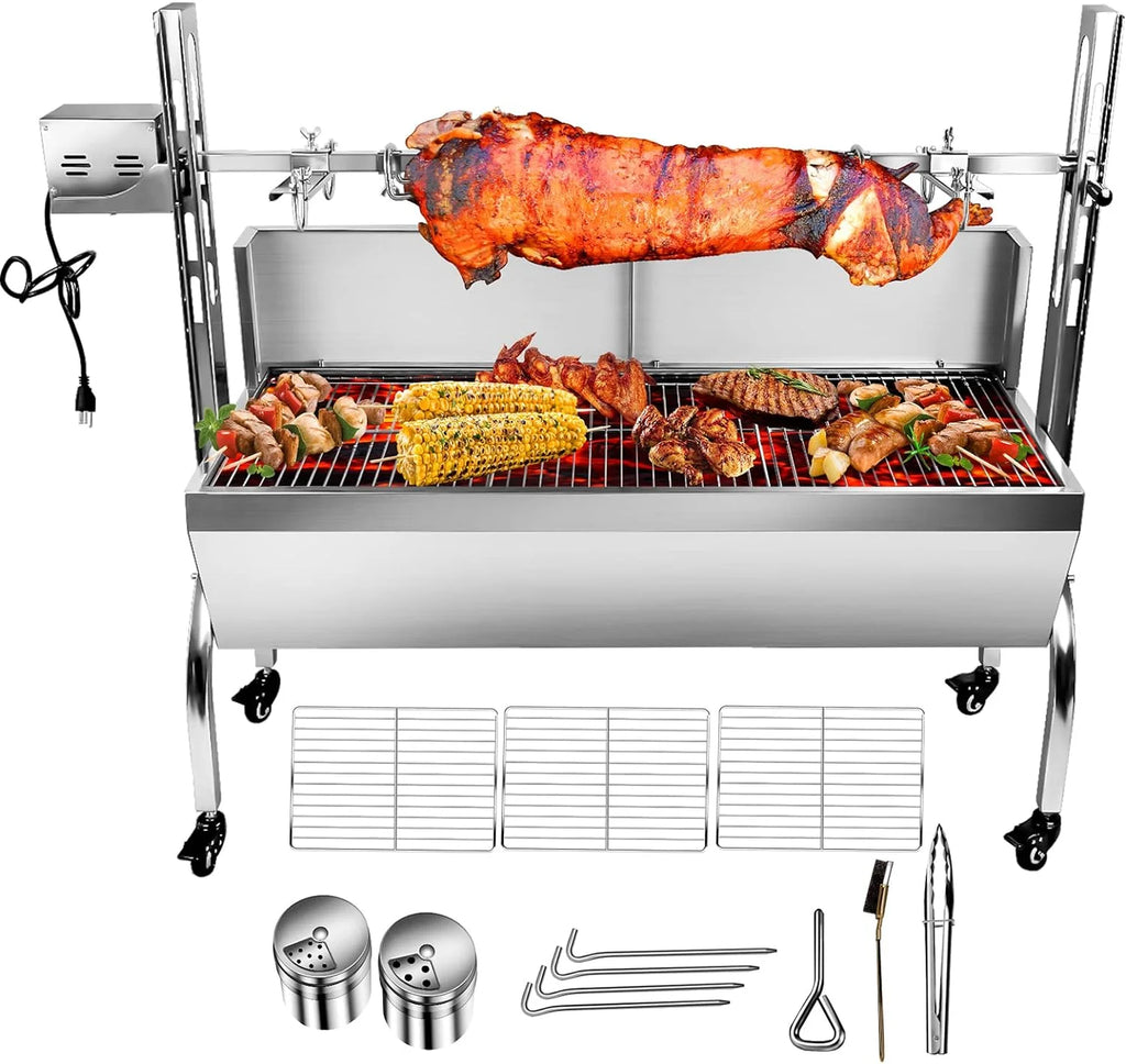 Stainless Steel Rotisserie Grill with Back Cover Guard, 25W Motor, 37'' 2 in 1 BBQ Charcoal Rotisserie Grill E78557