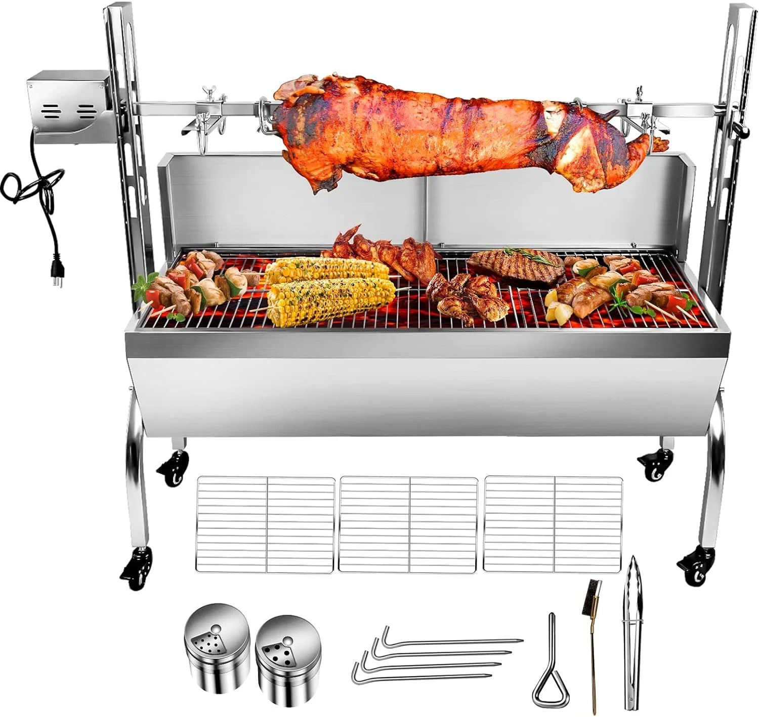 Stainless Steel Rotisserie Grill with Back Cover Guard, 25W Motor, 37'' 2 in 1 BBQ Charcoal Rotisserie Grill E78557