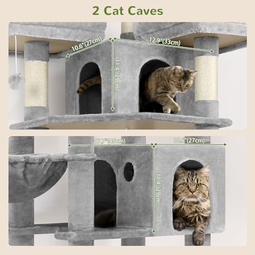 82-inch XXL Tall Cat Tree with Scratching Post, 3 Perches, 2 Condos, 2 Hanging Baskets, Light Grey O3725