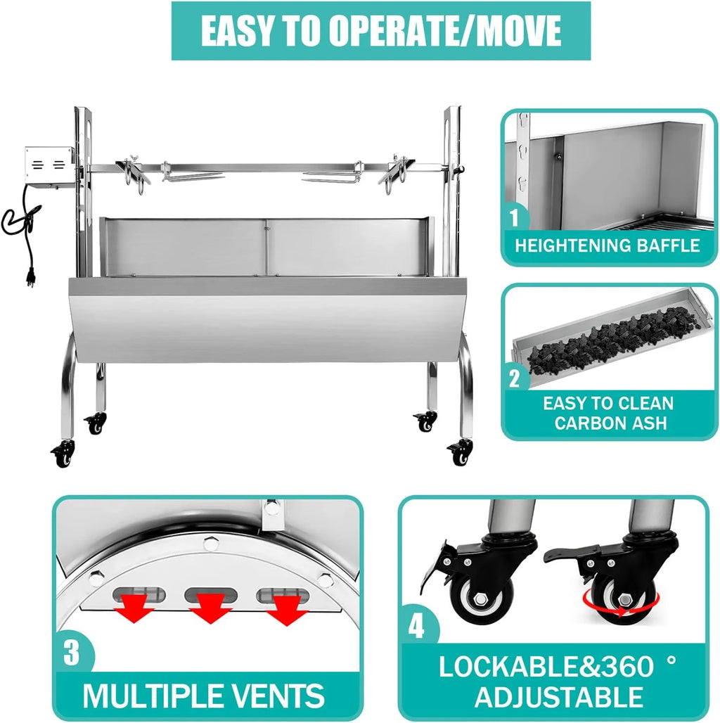 Stainless Steel Rotisserie Grill with Back Cover Guard, 25W Motor, 37'' 2 in 1 BBQ Charcoal Rotisserie Grill E78557